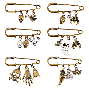 6Pcs 6 Style Skull & Wing & Witch Alloy Charms Safety Pin Brooch, Stainless Steel Lapel Pin for Backpack Clothes, Mixed Color, 28~53x60mm, 1Pc/style