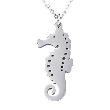 201 Stainless Steel Pendant Necklaces, with Cable Chains, Seahorse, Stainless Steel Color, 17.5 inch~17.9 inch(44.5~45.5cm), 1.5mm, Seahorse: 30x13x1mm
