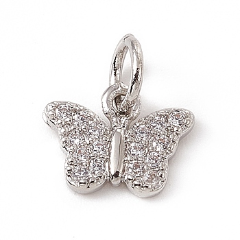Brass Micro Pave Clear Cubic Zirconia Butterfly Charms, with Open Jump Rings, Platinum, 7.5x10x1.5mm, Ring: 5x0.8mm, Hole: 3mm
