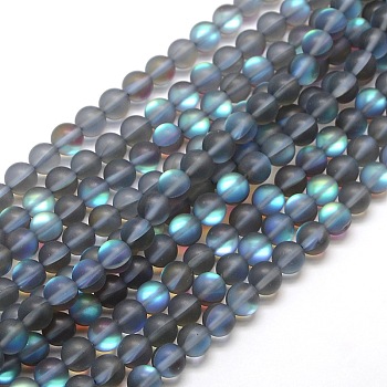 Synthetic Moonstone Beads Strands, Holographic Beads, Half AB Color Plated, Frosted, Round, Gray, 10mm, Hole: 1mm, about 37pcs/strand, 15 inch
