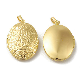 Rack Plating Brass Locket Pendants, Oval with Flower Pattern Charm, Cadmium Free & Lead Free, Long-Lasting Plated, Real 18K Gold Plated, 33.5x23.5x8mm, Hole: 4x6.5mm