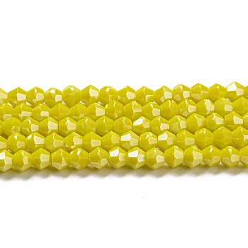 Opaque Solid Color Electroplate Glass Beads Strands, Pearl Luster Plated, Faceted, Bicone, Yellow, 4x4mm, Hole: 0.8mm, about 82~85pcs/strand, 12.01~12.2 inch(30.5~31cm)