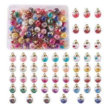 Transparent Glass Globe Pendants, with Resin & Resin Rhinestone & Conch Shell & Glass Micro Beads inside, Plastic CCB Pendant Bails, Round, Golden, Mixed Color, 21.5x16mm, Hole: 2mm, 102pcs/box