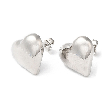 Rack Plating Brass Heart Stud Earrings, Platinum, 14.5x15.5mm
