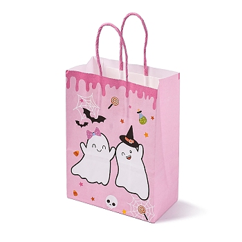 Halloween Theme Ghost Printed Paper Gift Tote Bags, Shopping Bags with Paper Twine Handles, Rectangle, Pearl Pink, 20.7x14.9x0.15cm, Unfold: 8.1x14.8x20.7cm