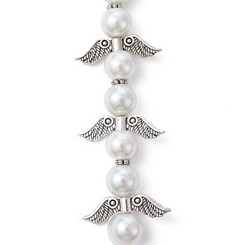 Angel Fairy Shape Glass Pearl Beads Strands, with Tibetan Style Alloy Wing Beads and Nylon Wire, WhiteSmoke, 20x22.5x8mm, Hole: 0.8mm, about 4pcs/strand, 3.15 inch(8cm)