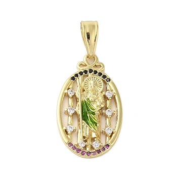 Rack Plating Brass Micro Pave Cubic Zirconia Pendants, with Enamel, Long-Lasting Plated, Cadmium Free & Lead Free, Oval with Saint Charm, Real 18K Gold Plated, 28x16x3.5mm, Hole: 7.5x4.5mm