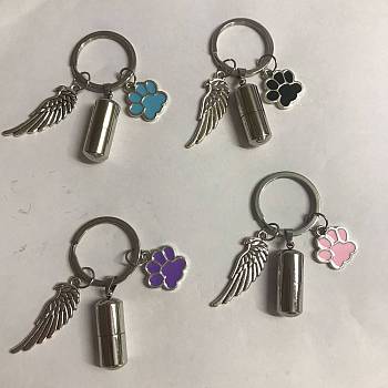Alloy Enamel Dog Paw Print & 304 Stainless Steel Capsule Pendant Keychains, with Split Key Rings and Wing Pendant, for Car Key Bag Decoration, Mixed Color, 6cm, 4 colors, 1pc/color, 4pcs/set