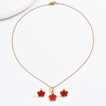 Acrylic Flower Jewelry Set, Real 18K Gold Plated Stainless Steel Stud Earring & Pendant Necklace, Red, 17.32inch(44cm), 13x13mm