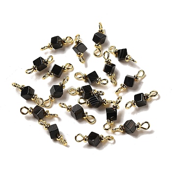 Natural Black Agate Connector Charms, Cube Links with Real 18K Gold Plated Brass Double Loops, 16x5.5x6mm, Hole: 2mm