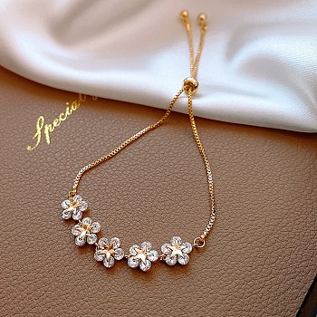 Minimalist Floral & Star Charm Adjustable Gold Bracelet with Crystals for Women, Flower, size 1