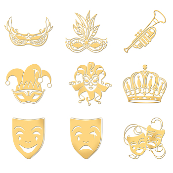 Nickel Decoration Stickers, Metal Resin Filler, Epoxy Resin & UV Resin Craft Filling Material, Golden, Carnival, Face Mask/Trumpet/Crown, 40x40mm, 9pcs/set