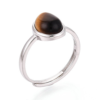 Oval Natural Tiger Eye Open Cuff Ring, 925 Sterling Silver Adjustable Ring, Platinum, 11.5mm, US Size 6 1/4(16.7mm)