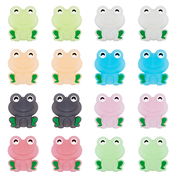 16Pcs 8 Colors Frog Luminous Food Grade Eco-Friendly Silicone Beads, Chewing Beads For Teethers, DIY Nursing Necklaces Making, Glow in the Dark, Mixed Color, 28x24x10mm, Hole: 3mm, 2pcs/color