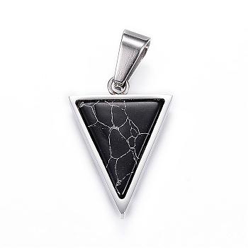 304 Stainless Steel Pendants, Triangle, with Natural Howlite, Dyed, Stainless Steel Color, 25.5x18x3mm, Hole: 7x5mm