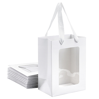 Rectangle Paper Gift Bags, with Clear Window, Shopping Bags with Handle, Candy Bag for Birthday, Wedding, White, 20x15x10.3cm