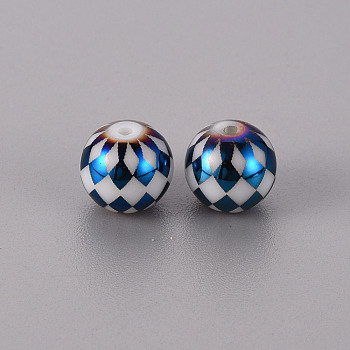 Electroplate Glass Beads, Round with Grid Pattern, Blue Plated, 10mm, Hole: 1.2mm