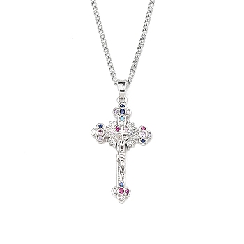 Brass Micro Pave Clear Zirconia Cross Pendant Necklaces, 201 Stainless Steel Chains Necklaces, Stainless Steel Color, 23.62 inch(60cm), Cross: 33x19mm