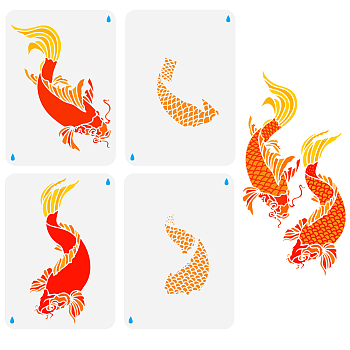 4Pcs 4 Styles PET Hollow Out Drawing Painting Stencils, for DIY Scrapbook, Photo Album, Koi Fish, 297x210mm, 1pc/style