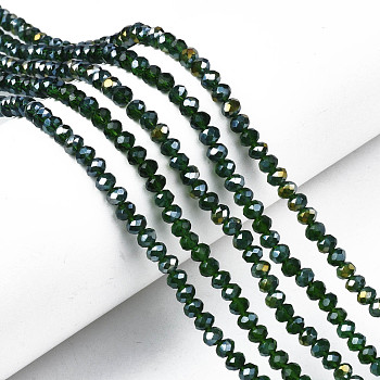 Electroplate Glass Beads Strands, AB Color Plated, Faceted, Rondelle, Dark Green, 4x3mm, Hole: 0.4mm, about 113~115pcs/strand, 41~42cm