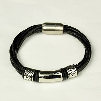 Leather Cord Bracelets, with Stainless Steel Findings and Magnetic Clasps, Black, 205x9mm