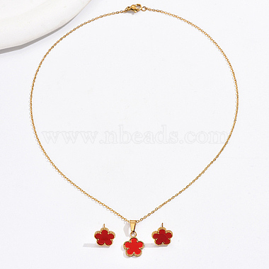 Red Flower Stainless Steel Stud Earrings & Necklaces