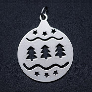 201 Stainless Steel Pendants, with Unsoldered Jump Rings, Flat Round with Christmas Tree, Stainless Steel Color, 25x20x1mm, Hole: 3mm, Jump Ring: 5x0.8mm(STAS-T046-JA339-1)