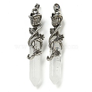 Natural Quartz Crystal Faceted Double Termimal Pointed Big Pendants, Rock Crystal Hexagonal Prism Charms with Alloy Rose Wrapped, Antique Silver, 59.5x14x10.5mm, Hole: 6.5x4.5mm(G-P547-03AS-03)