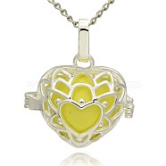 Silver Color Plated Brass Hollow Heart Cage Pendants, with No Hole Spray Painted Brass Round Beads, Yellow, 24x26x18mm, Hole: 3x8mm(KK-J243-04S)
