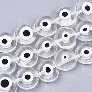 Handmade Evil Eye Lampwork Beads Strands, Flat Round, Clear, 11~13x4~5mm, Hole: 1.2mm, about 31~33pcs/strand, 14.1 inch~15.3 inch(LAMP-S191-02D-10)