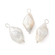 Natural Baroque Pearl Keshi Pearl Pendants, Rhombus Charms, with Brass Loops, Platinum, 23.5~24x10~12x5.5~7mm, Hole: 3mm(X-PALLOY-JF02132)