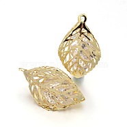 Leaf Iron Pendants, with Resin Rhinestone, Golden, 24x12mm, Hole: 1mm(RB-P009-25G)