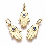Brass Micro Pave Cubic Zirconia Charms, with Jump Ring, Long-Lasting Plated, Hamsa Hand/Hand of Fatima/Hand of Miriam, Blue, Real 18K Gold Plated, 14x8x2mm, Hole: 3mm(X-ZIRC-F111-16G)
