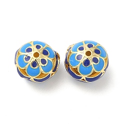 Brass Beads, with Enamel, Cadmium Free & Lead Free, Real 18K Gold Plated, Rondelle with Flower, Dodger Blue, 12x11mm, Hole: 1.2mm(KK-M248-01G)