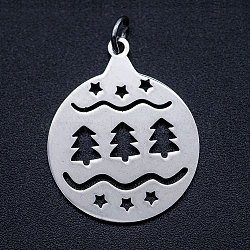 201 Stainless Steel Pendants, with Unsoldered Jump Rings, Flat Round with Christmas Tree, Stainless Steel Color, 25x20x1mm, Hole: 3mm, Jump Ring: 5x0.8mm(STAS-T046-JA339-1)