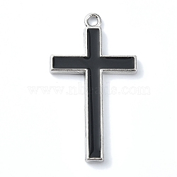 Rack Plating Alloy Enamel Pendants, Platinum, Cross Charm, Black, 41x23.5x3mm, Hole: 2.5mm(ENAM-Z016-02P)