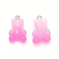 Gradient Color Opaque Resin Pendants, with Glitter Powder and Platinum Tone Iron Peg Bails, Bear, Hot Pink, 23.5x15x6.5mm, Hole: 1.8mm(RESI-R433-01C)