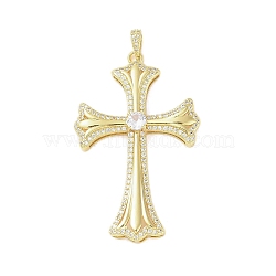 Real 18K Gold Plated Brass Micro Pave Cubic Zirconia Pendants, with Glass, Cross, Clear, 60.5x38x7.5mm, Hole: 4x6mm(KK-A209-07G-G)