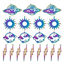 8Pcs 4 Style Ion Plating(IP) 201 Stainless Steel Pendants, Laser Cut, Sun & Planet & Lightning & Planet with Star & Cloud, Rainbow Color, 25.5~38x8.5~40x1mm, Hole: 1.4~1.6mm, 2pcs/style(STAS-LS0001-66MC)