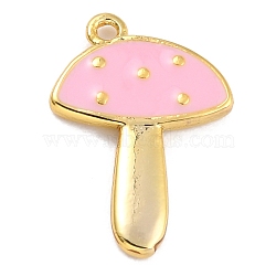 Autumn Theme Brass Enamel Pendants, Golden Long-Lasting Plated, Mushroom, Pink, 15x10.5x1.5mm, Hole: 1mm(KK-P197-18A-G)