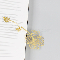 Brass Clover Bookmarks, with Tassels & Maple Leaf Charm, Golden, 55x70x0.4mm(CLOV-PW0001-067)