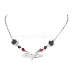 201 Stainless Steel Bat Pendant Necklaces, Natural Lava Rock and Imitation Austrian Crystal Beaded Necklace for Women, Stainless Steel Color, 17.52 inch(44.5cm)(NJEW-TA00155)