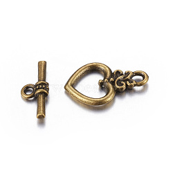 Tibetan Style Toggle Clasps, Lead Free, Cadmium Free and Nickel Free, Heart, Antique Bronze Color, Heart: about 21mm long, 13mm wide, hole: 2mm, Bar: 16.5mm long, hole: 1.5mm(MLF1526Y-NF)