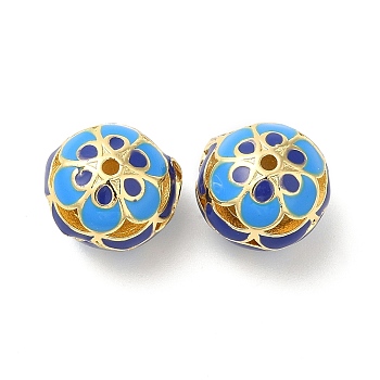Brass Beads, with Enamel, Cadmium Free & Lead Free, Real 18K Gold Plated, Rondelle with Flower, Dodger Blue, 12x11mm, Hole: 1.2mm
