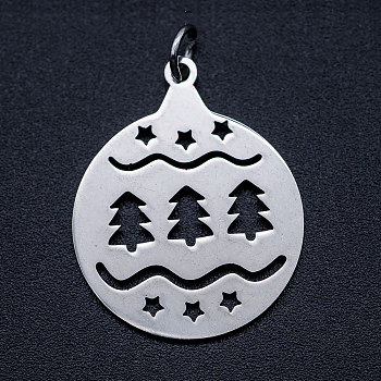 201 Stainless Steel Pendants, with Unsoldered Jump Rings, Flat Round with Christmas Tree, Stainless Steel Color, 25x20x1mm, Hole: 3mm, Jump Ring: 5x0.8mm