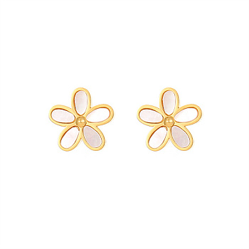 304 Stainless Steel Ear Studs, Shell Flower Stud Earrings for Women, Real 18K Gold Plated, 12mm