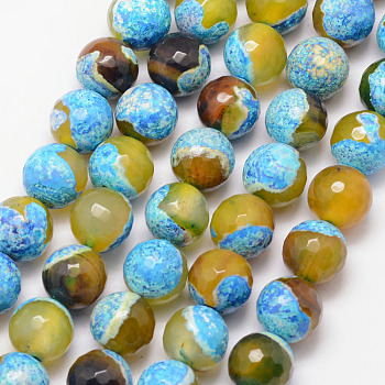 Natural Fire Crackle Agate Bead Strands, Round, Grade A, Faceted, Dyed & Heated, Cyan, 12mm, Hole: 1mm, about 32pcs/strand, 15 inch