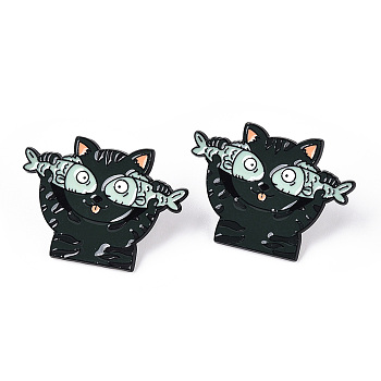 Cat with Fish Shape Enamel Pin, Electrophoresis Black Plated Alloy Animal Badge for Backpack Clothes, Nickel Free & Lead Free, Dark Slate Gray, 24.5x34mm, Pin: 1.2mm