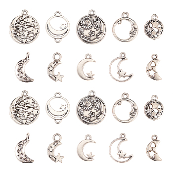100Pcs 10 Styles Tibetan Style Alloy Ring Pendants, Moon & Star, Cadmium Free & Lead Free, Antique Silver, 19.5x16x3mm, Hole: 1.5mm, 10pcs/style