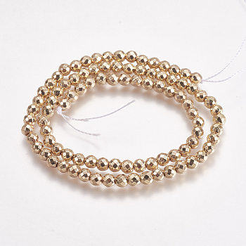 Electroplate Non-magnetic Synthetic Hematite Beads Strands, Faceted, Round, Light Gold Plated, 4.5mm, Hole: 1mm, about 92pcs/strand, 14.8 inch